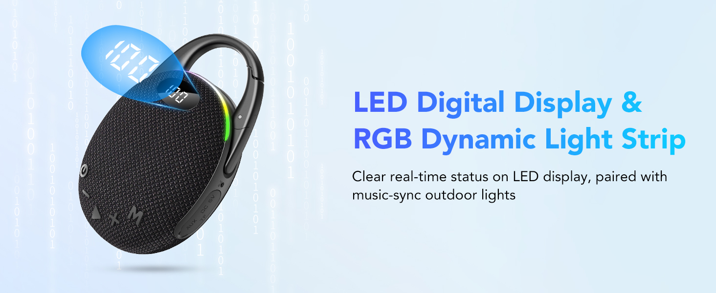 Text reads 'LED Digital Display &amp; RGB Dynamic Light Strip'. Product image showing LED display with multicolored light effects.