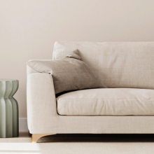 Living room sofa featuring clean professional underside finished with House2Home cambric fabric