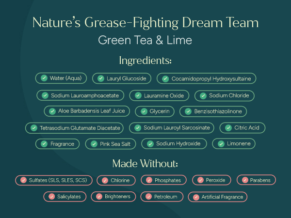Green tea and lime dish soap ingredients. No sulfates, parabens, or synthetic fragrance.