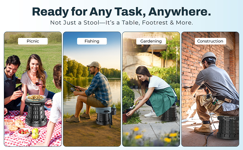 NUMANU Collapsible Stool used for many use cases, such as Fishing, Gardening, Construction, Picnic