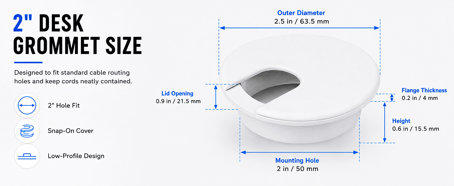 White 2 inch desk grommet size guide with mounting hole and outer diameter