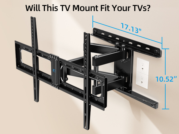 Adjustable TV wall mount with extending arm. Dimensions shown: 17.13 inches wide and 10.52 inches tall. Suitable for various TV sizes.