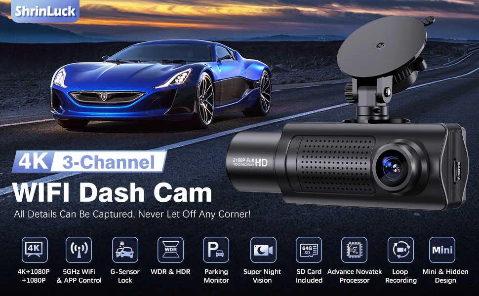 4K WiFi dash cam with 3-channel recording. Features include night vision, GPS, parking mode, and impact detection. Shown next to a blue sports car.