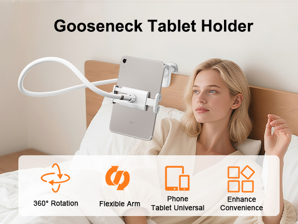 SCENEIN Gooseneck Tablet Holder for Bed, Flexible Long Arm Tablet Mount Stand for Reading in Bed