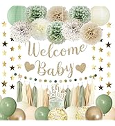 Amandir Baby Shower Decorations Sage Green Balloons Welcome Baby Banner, Cake Topper, Paper Lante...