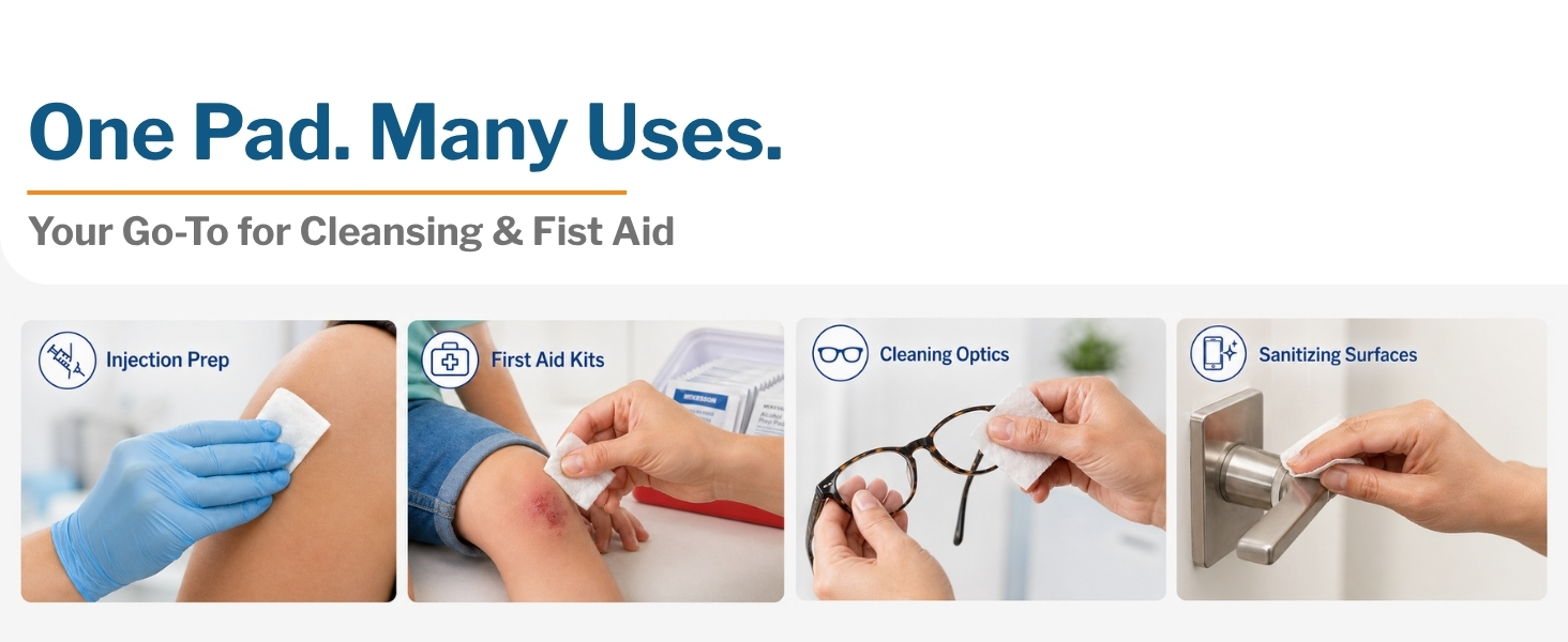 Alcohol Pads for first aid kids, lens cleaning, and sanitizing surfaces