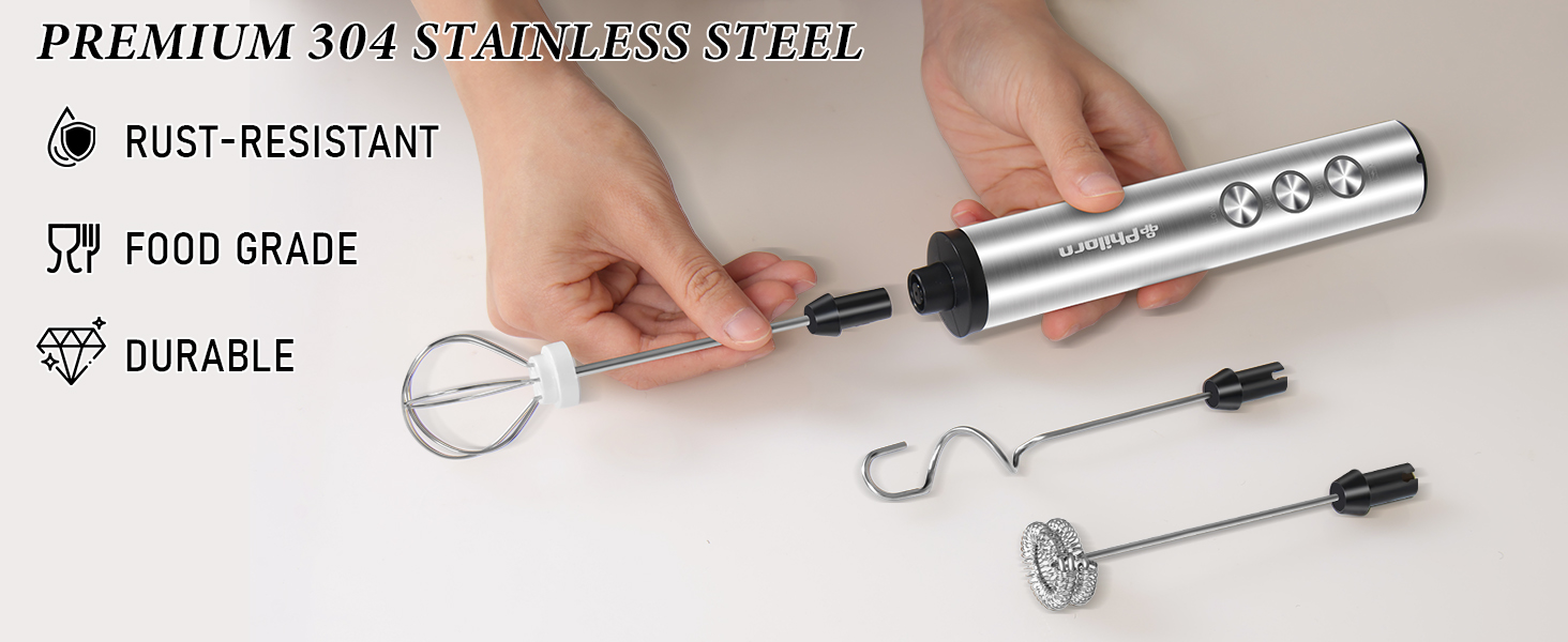 Stainless steel kitchen tool with interchangeable attachments. Features include rust-resistance, food-grade material, and durability. Handheld operation demonstrated.