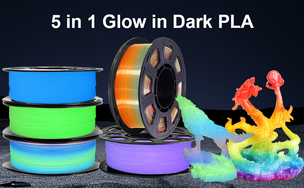 glowing in dark green purple blue rainbow clear rainbow pla filament bundle 5 spools bundle
