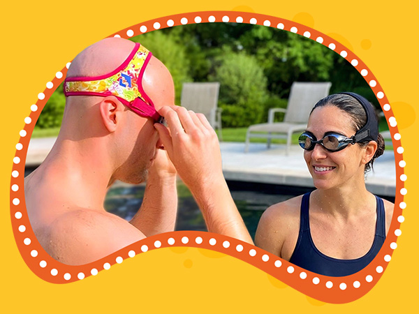 Adult man putting on comfortable fabric strap swim goggles for teens and adults