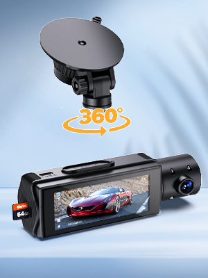 Dual-lens dashboard camera with 360-degree rotating mount showing LCD screen displaying road footage. Features black housing and suction cup mounting system.