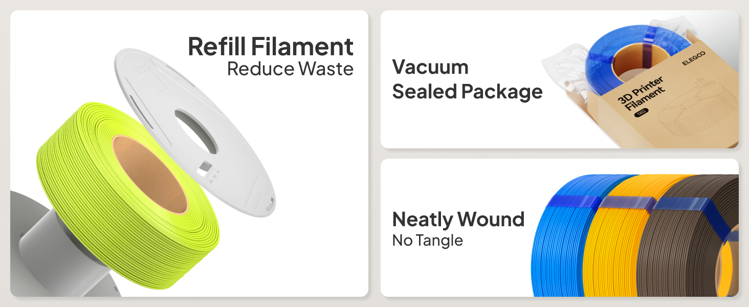 refill filament no spool pla, vacuum sealed package, neatly wound
