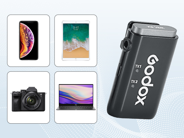 Collage of electronic devices: smartphone, tablet, camera, and laptop. Large image of a black portable battery pack with 'Godox' branding and two USB ports.