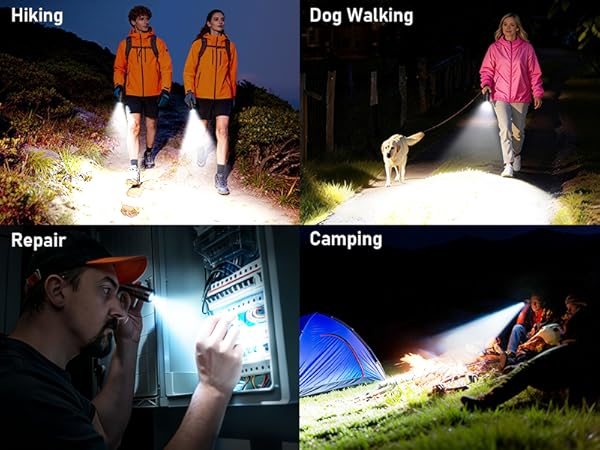 Text reads 'Hiking', 'Dog Walking', 'Repair', 'Camping'. Four-panel image showing people using flashlights in different outdoor and maintenance scenarios at night.