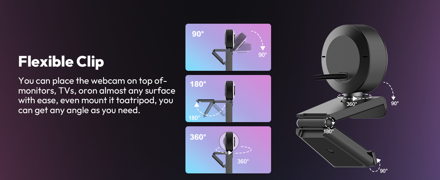 Text reads 'Flexible Clip'. Product display showing clip mechanism with four panels: two close-up views of purple flexible clip attachment, one side view, and one product-in-use demonstration image.