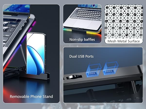 4 Modes RGB Light, 7 Height &amp; Adjust Speed, 2 USB Port &amp; Phone Holder