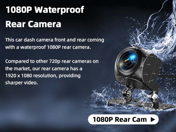 1080P waterproof rear camera product advertisement showing camera lens with water splash effect and technical specifications.