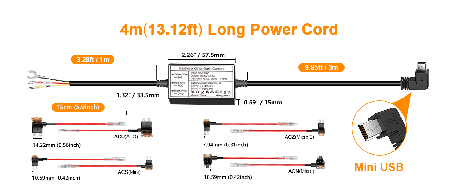 Range Tour Dash Cam Hardwire Kit Mini USB Port, 5V/2.5A (also suitable for 1- 2A)