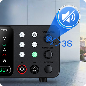 Close-up of a black electronic device with digital display showing voltage and current. Control panel features buttons and knobs. Blue icon indicating audio-related function in upper right.