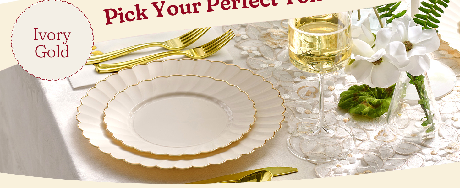 Ivory Scalloped Plastic Plates with Gold Trim and matching gold cutlery on an upscale dinner table