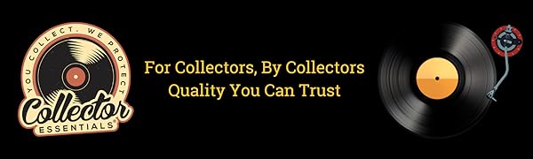 Banner of Collector Essentials logo with record player and tagline for vinyl record sleeve brand