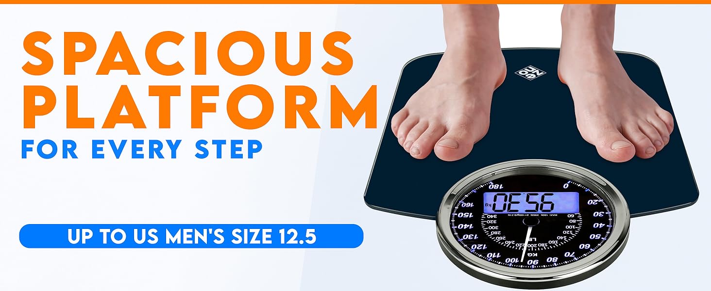 Text reads 'SPACIOUS PLATFORM FOR EVERY STEP'. Series of images showing electronic bathroom scale with digital display against blurred festive background.