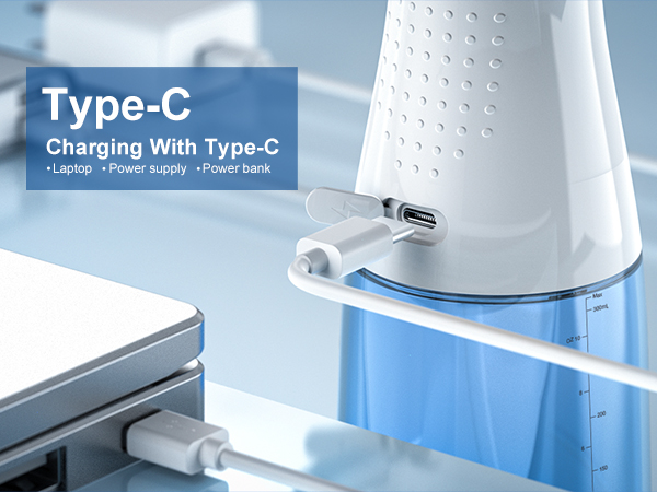 Type-C charging connection showing white device with USB port connected to electronic device, with text overlay indicating charging and power bank functionality.