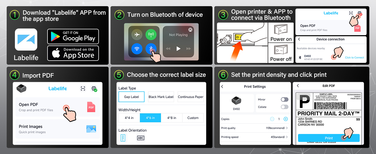 Bluetooth Shipping Label Printer, D450 Thermal Label Printer for Address Postage Small Business