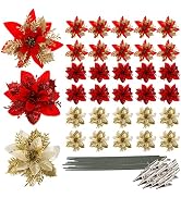 Frcctre 30 Pack 5 Inches Christmas Glitter Poinsettia Flowers, Glitter Christmas Artificial Flowe...