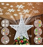 Christmas Tree Topper Projector Lights with 6 Projection Modes, Sliver Star Christmas Tree Topper...