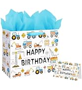 13" Large Happy Birthday Gift Bag for Baby Boy Kids with Tissue Paper and Card (Construction Vehi...