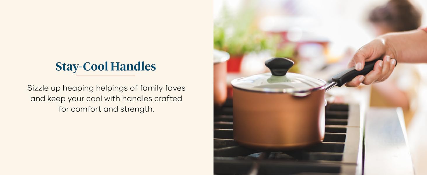 Farberware stay cool handles on saucepan over gas stove.