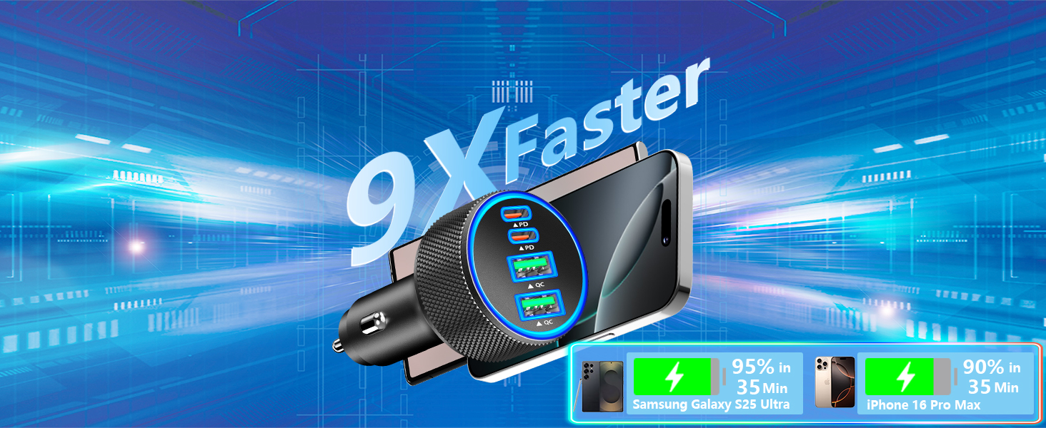 Text reads '9X Faster'. Electronic product promotional banner with dynamic blue streaks and lighting effects in background.