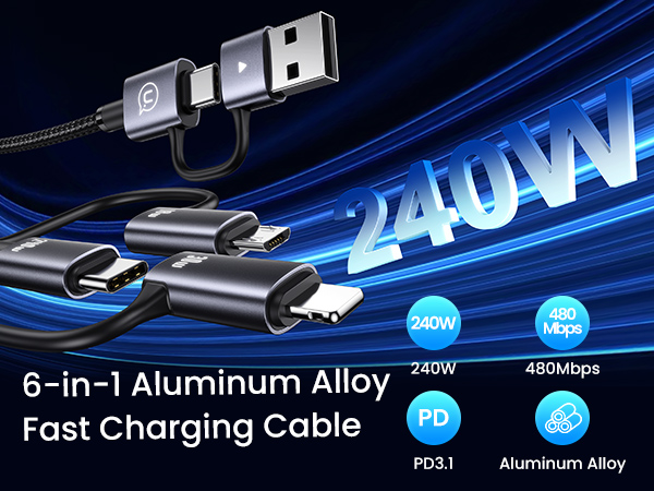 USAMS 6-in-1 Universal Charging Cable Nylon Braided Cable 4FT/6FT Type-C/IP/Micro