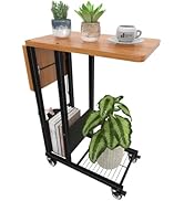 Simple Trending C Shaped Folding End Table, Small Side Table TV Tray Table with Wheels, Rolling C...