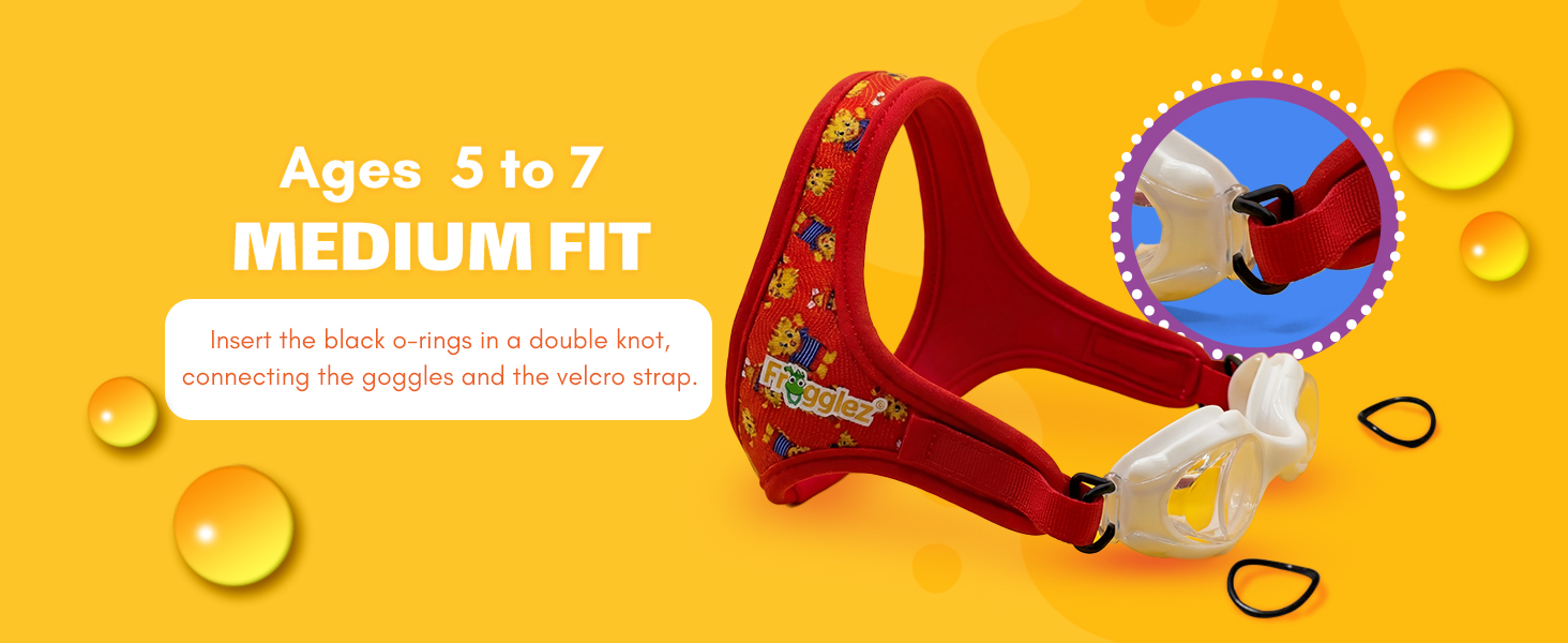 Daniel&amp;#39;s Tiger swim goggle strap adjusted for a medium fit for kids ages 5 to 7