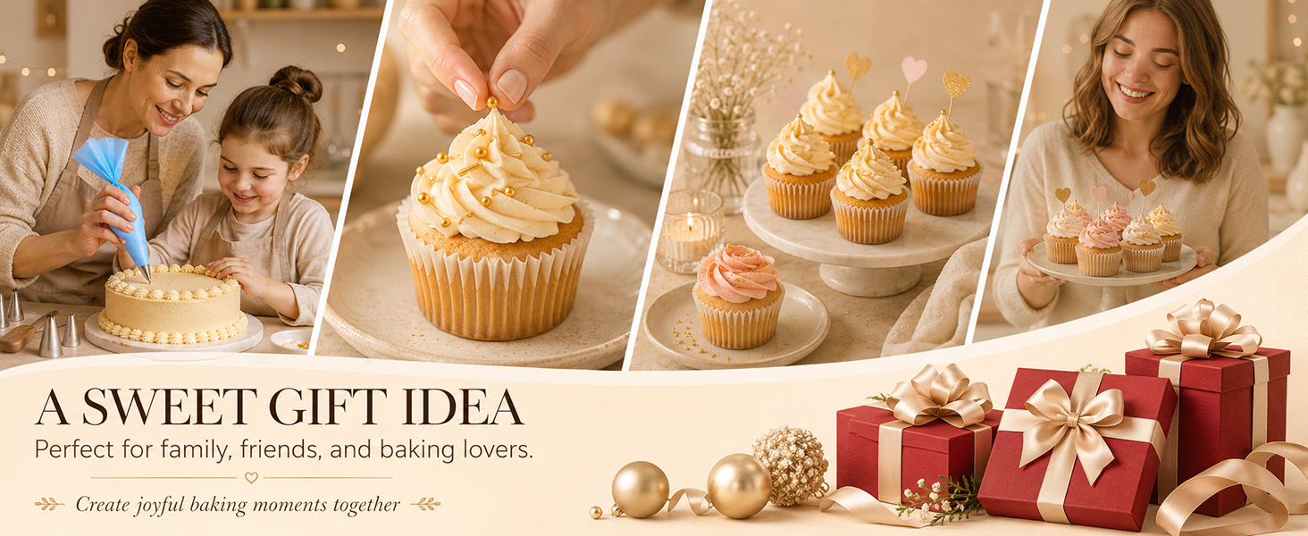 Byfryna cake decorating kit gift idea with cupcakes and family baking scene