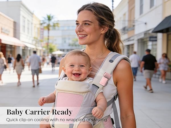 Baby Carrier Ready Quick clip-on cooling with no wrapping or twisting.