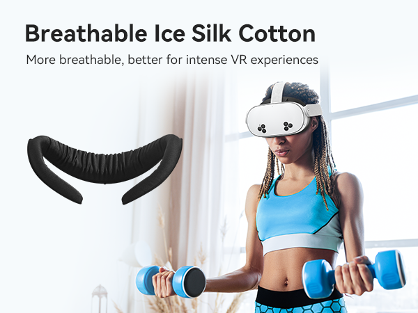 Black cushioned VR headset face cover interface with breathable ice silk cotton material, shown with person exercising while wearing VR headset.