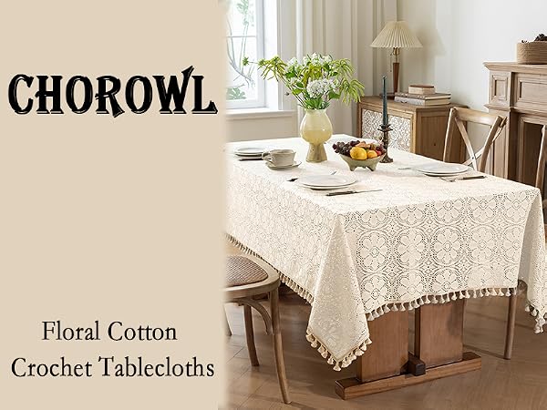 Boho Crochet Tablecloth Rectangle FarmhouseEmbroidered Cotton Tassels Vintage Floral Wedding Holiday