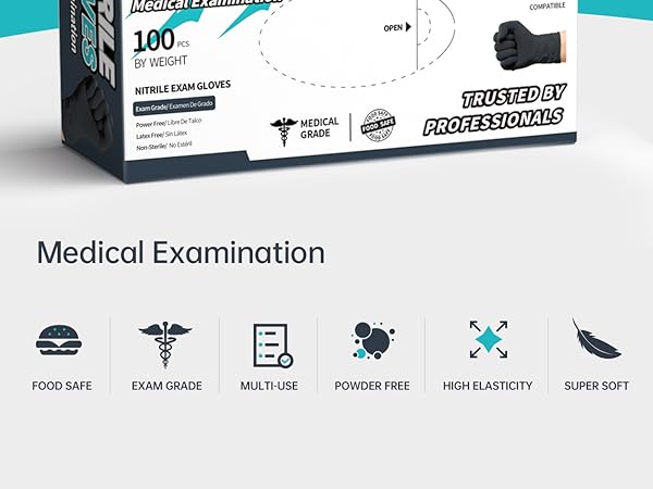 Beastek Black nitrile gloves, disposable medical glove examination food safe powder free soft 