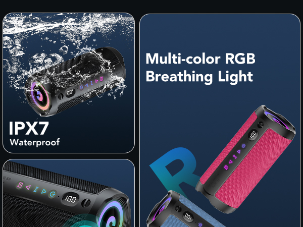 Text reads "Multi-color RGB Breathing Light" and "IPX7". Product shots showing electronic device with blue illumination and water-related features.