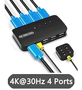 4K HDMI KVM Switch, 4 Port HDMI USB Switch for 4 Computer Share a 4K@30Hz Monitor and 3 USB Devic...