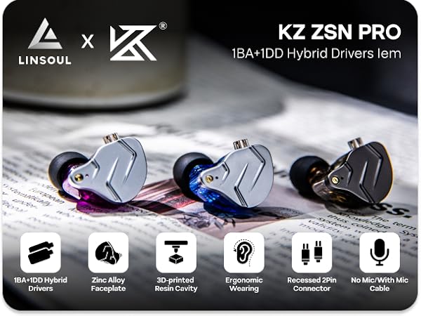 Linsoul KZ ZSN Pro Dual Driver 1BA+1DD Hybrid Metal Earphones HiFi in-Ear Monitor