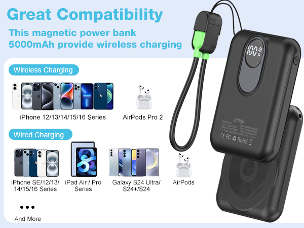 Great Compatibility :This magnetic power bank 5000mAh provide wireless charging