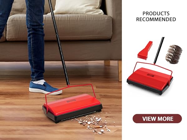 Red manual carpet sweeper being used on hardwood floor, with product image showing brush attachments and cleaning accessories.
