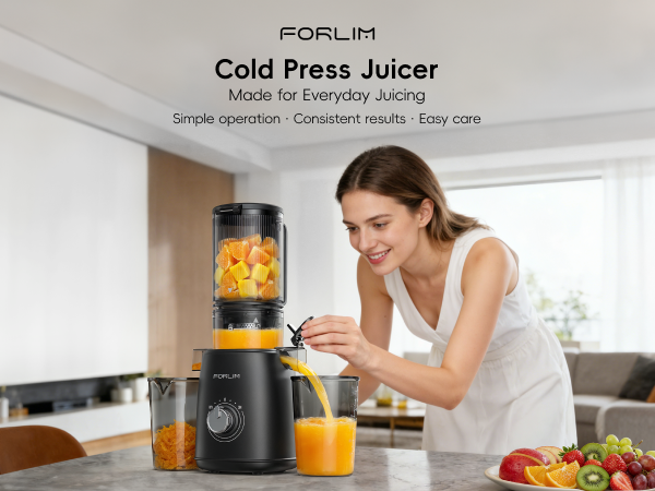 Woman using a black FORLIM cold press juicer to make fresh orange juice in a modern kitchen