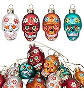 12pcs Day of The Dead Glass Ornaments - Dia De Los Muertos Sugar Skull Ornaments - Halloween Hang...