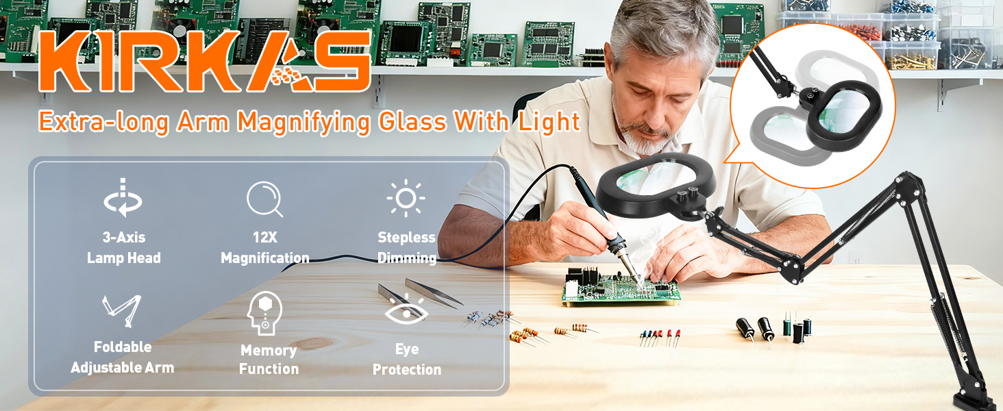 12X Magnifying Glass with Light Clamp Extra-long Arm Overhead Knob Workbench Lighted Magnifier Lamp