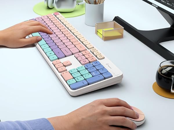 rainbow pastel full-size keyboard and mouse