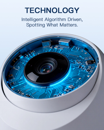 Text reads: 'TECHNOLOGY', 'Intelligent Algorithm Driven, Sporting What Matters'. Close-up images of blue circular technological interface or lens.